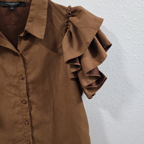 Marc New York Ruffle Sleeve Button Front Blouse Brown Size L - Picture 8 of 12